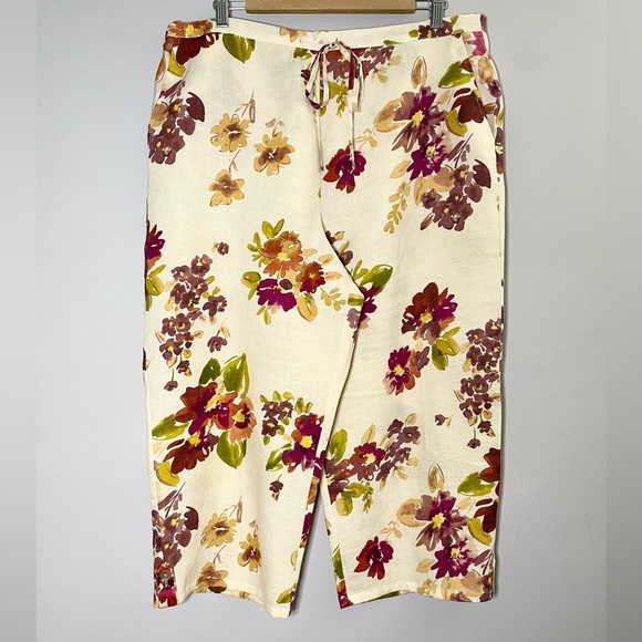 David Dart Vintage Linen & Silk Floral Drawstring Waist Capri Pants - Picture 1 of 4